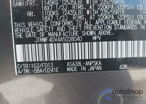 2010 Toyota Rav4 Sport из США, поврежденный, VIN JTMWF4DV4A5028040